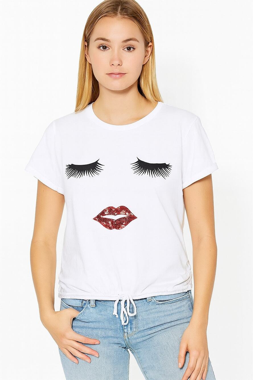 On Fire Womens Large White Graphic Tee Eyelash Lip Print Tie Waist Cotton NWOT